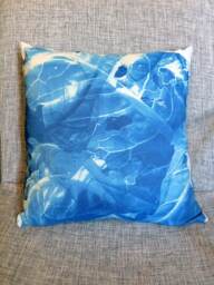 Handprinted Blue Pillow - Cyanotype With Velvet & Abstract Motive - thumbnail 1
