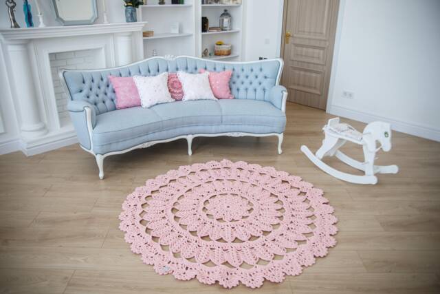 Crochet Rug Pink Round Lace Doily, Handmade Polyester Area Rug - 5 Ft - image 1