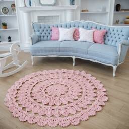 Crochet Rug Pink Round Lace Doily, Handmade Polyester Area Rug - 5 Ft - thumbnail 2
