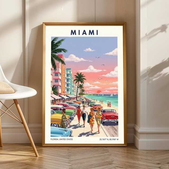 Miami Beach Vintage Cars Poster Retro Gouache Travel Art - image 1