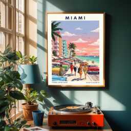 Miami Beach Vintage Cars Poster Retro Gouache Travel Art - thumbnail 2
