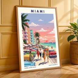 Miami Beach Vintage Cars Poster Retro Gouache Travel Art - thumbnail 3