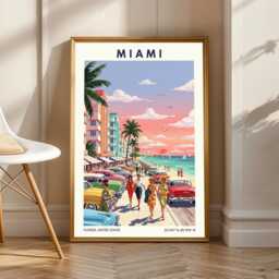 Miami Beach Vintage Cars Poster Retro Gouache Travel Art - thumbnail 1