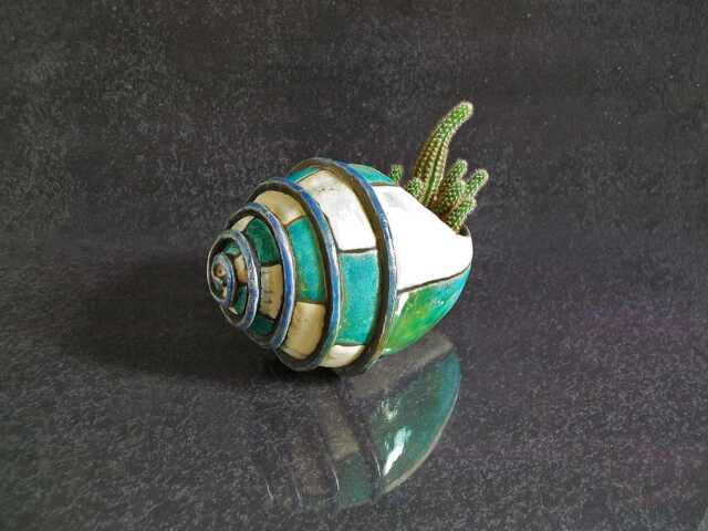 Raku Pottery Sea Shell Planter Pot, House Of Hermit Crab Ceramic Nautical Planter, Turquoise & White Indoor Coastal Decor - image 1