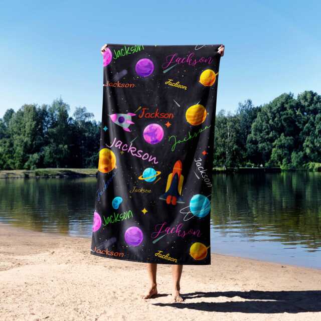 Personalised Space Planets Towel - Custom Name & Background Colour Fun Galaxy Bath Kids Decor Cute Birthday Gift For Boy - image 1