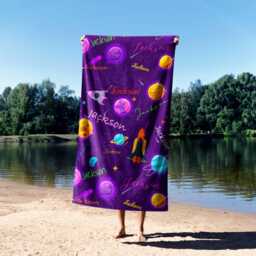 Personalised Space Planets Towel - Custom Name & Background Colour Fun Galaxy Bath Kids Decor Cute Birthday Gift For Boy - thumbnail 3