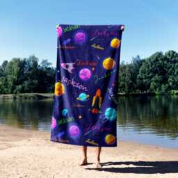 Personalised Space Planets Towel - Custom Name & Background Colour Fun Galaxy Bath Kids Decor Cute Birthday Gift For Boy - thumbnail 2