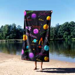 Personalised Space Planets Towel - Custom Name & Background Colour Fun Galaxy Bath Kids Decor Cute Birthday Gift For Boy