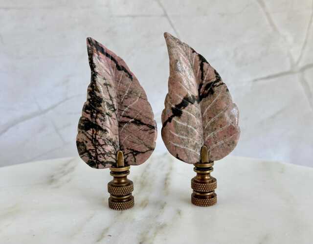 Leaf Lamp Finials in Carved Rhodonite On Bronze Hardware - Pink & Black Leaves A Matching Pair - image 1