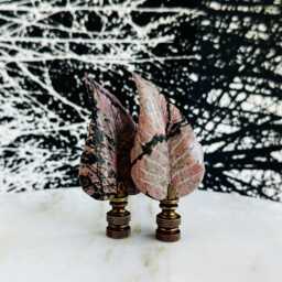 Leaf Lamp Finials in Carved Rhodonite On Bronze Hardware - Pink & Black Leaves A Matching Pair - thumbnail 2