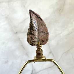Leaf Lamp Finials in Carved Rhodonite On Bronze Hardware - Pink & Black Leaves A Matching Pair - thumbnail 3