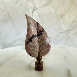 Leaf Lamp Finials in Carved Rhodonite On Bronze Hardware - Pink & Black Leaves A Matching Pair - thumbnail 4