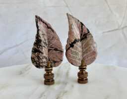 Leaf Lamp Finials in Carved Rhodonite On Bronze Hardware - Pink & Black Leaves A Matching Pair - thumbnail 1