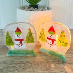 Festive Snowman Snowglobe Candle Holder Fused Glass Christmas Decoration - Cornish Fused Glass