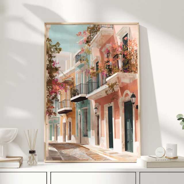 Mediterranean Street Art Print - Pastel Building Wall With Balconies & Flowers Travel Poster Home Decor - image 1