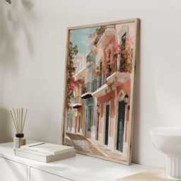 Mediterranean Street Art Print - Pastel Building Wall With Balconies & Flowers Travel Poster Home Decor - thumbnail 2
