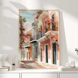 Mediterranean Street Art Print - Pastel Building Wall With Balconies & Flowers Travel Poster Home Decor - thumbnail 1