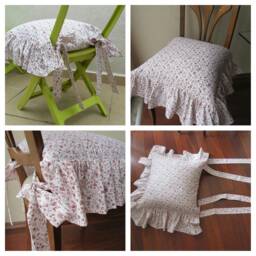 Floral Chair Cushion Cover With Ties - Linen 3 Sided Ruffled- French Country Shabby Chic Home Pink Blue Mint - thumbnail 2