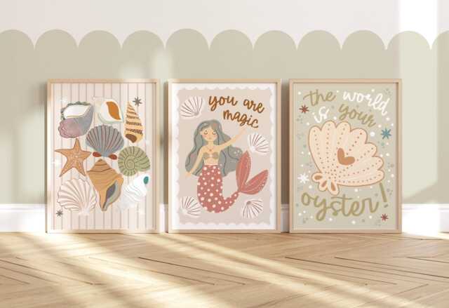 Set Of 3 Unframed Sea Shells & Mermaids, Neutral Nursery Prints, Ocean Oyster Print, Decor, Playroom Prints - image 1