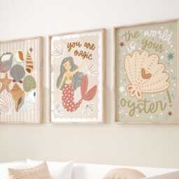 Set Of 3 Unframed Sea Shells & Mermaids, Neutral Nursery Prints, Ocean Oyster Print, Decor, Playroom Prints - thumbnail 2
