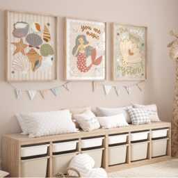 Set Of 3 Unframed Sea Shells & Mermaids, Neutral Nursery Prints, Ocean Oyster Print, Decor, Playroom Prints - thumbnail 3