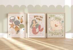 Set Of 3 Unframed Sea Shells & Mermaids, Neutral Nursery Prints, Ocean Oyster Print, Decor, Playroom Prints - thumbnail 1