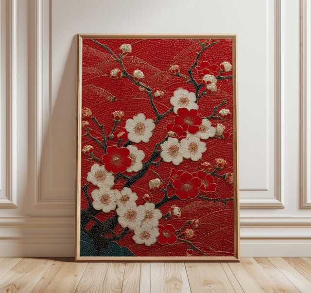 Red Japanese Cherry Blossom Print, Sakura Floral Wall Art, Gold Dust Abstract Flower Print - image 1