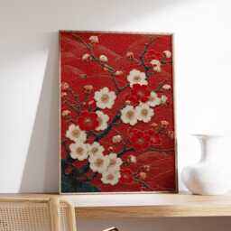 Red Japanese Cherry Blossom Print, Sakura Floral Wall Art, Gold Dust Abstract Flower Print - thumbnail 2