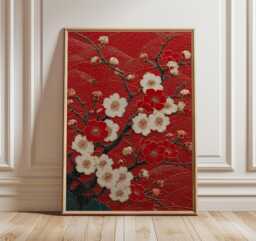 Red Japanese Cherry Blossom Print, Sakura Floral Wall Art, Gold Dust Abstract Flower Print - thumbnail 1