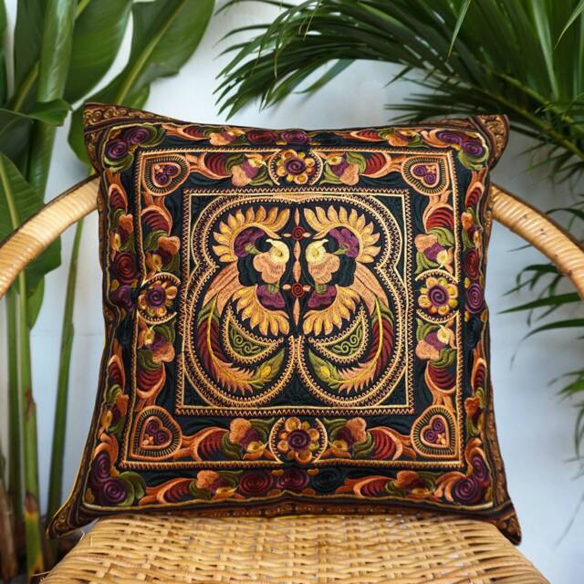 Mocha Handmade Hmong Embroidered Pillow Cover, Unique Thai Cushion - Cs101Mb - image 1