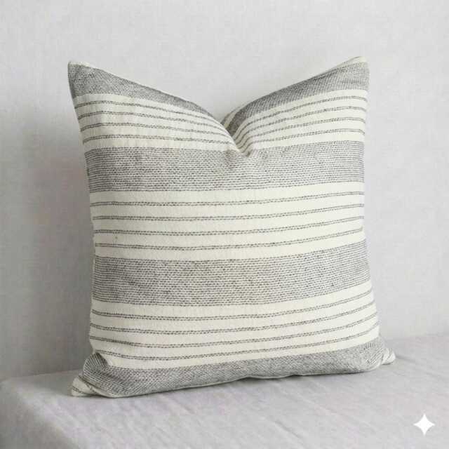 Lanna Sashiko Pillow Cover, Ivory & Black Woven Cotton, Farmhouse Cushion - 20x20 - image 1