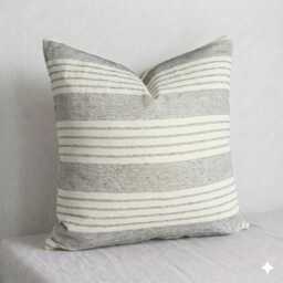 Lanna Sashiko Pillow Cover, Ivory & Black Woven Cotton, Farmhouse Cushion - 20x20 - thumbnail 1