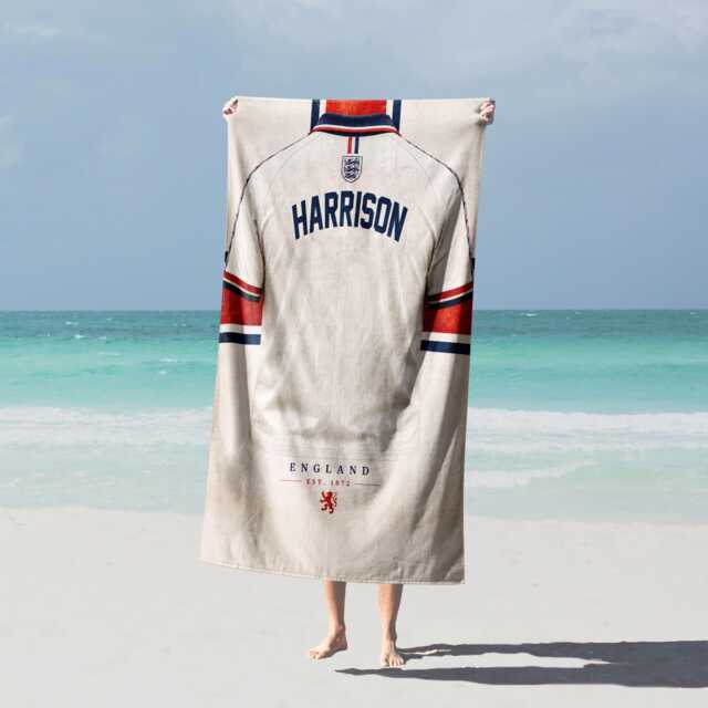 Personalised Name Year England Retro Bath Beach Towel Three Lions Football T Shirt Jersey Supporter St Georges Cross Sports Fan Holiday Gift - image 1