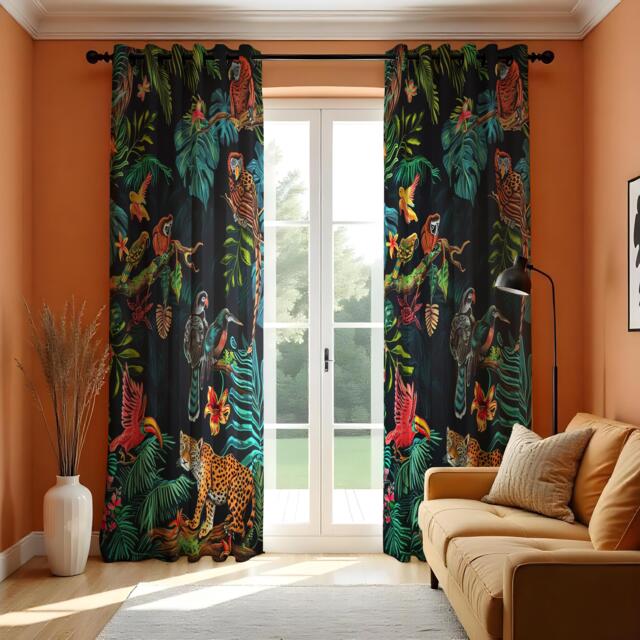 Tropical Jungle Animal Curtains, Leopard Parrot Leaf Pattern Drapes, Custom Size Window Treatment For Vibrant Home Style - image 1