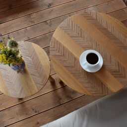 Handcrafted Oak End Tables Set Of 2 - Chevron Plywood Mosaic Side Solid Wood Accent - thumbnail 2
