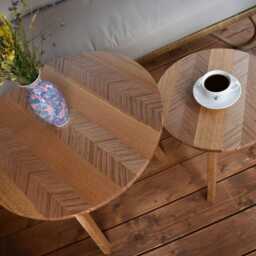 Handcrafted Oak End Tables Set Of 2 - Chevron Plywood Mosaic Side Solid Wood Accent - thumbnail 3