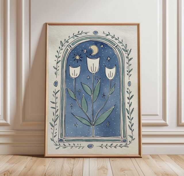 Enchanted Tulip Art Print, Celestial Moon & Stars, Boho Decor - image 1
