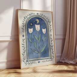 Enchanted Tulip Art Print, Celestial Moon & Stars, Boho Decor - thumbnail 4