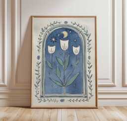 Enchanted Tulip Art Print, Celestial Moon & Stars, Boho Decor - thumbnail 1
