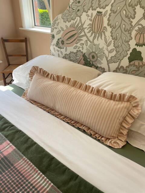 Pink Stripe Lumbar Cushion Cover, Handmade Bolster Pillow, Farmhouse Country Decor - image 1