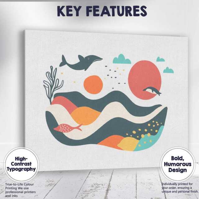 Abstract Ocean Dolphin Coastal Landscape Mid Century Modern Canvas Wall Art Print Decor Picture Ready To Hang - image 1