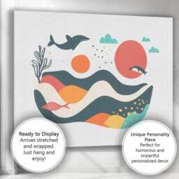 Abstract Ocean Dolphin Coastal Landscape Mid Century Modern Canvas Wall Art Print Decor Picture Ready To Hang - thumbnail 3