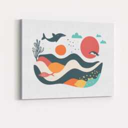 Abstract Ocean Dolphin Coastal Landscape Mid Century Modern Canvas Wall Art Print Decor Picture Ready To Hang - thumbnail 4