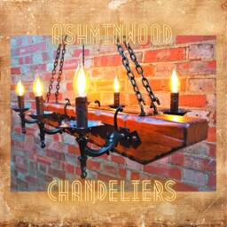 Wooden Chandelier 6 Candle Lights - Wood Ceiling Lights Medieval Lighting Beam Metal Chain Knight's Castle - thumbnail 1