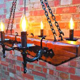 Wooden Chandelier 6 Candle Lights - Wood Ceiling Lights Medieval Lighting Beam Metal Chain Knight's Castle - thumbnail 2