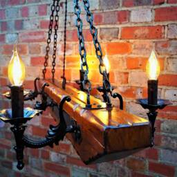 Wooden Chandelier 6 Candle Lights - Wood Ceiling Lights Medieval Lighting Beam Metal Chain Knight's Castle - thumbnail 3