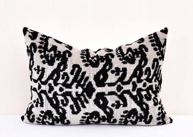 Black Gray Velvet Ikat Pillow Cover, Handloom Silk Cushion