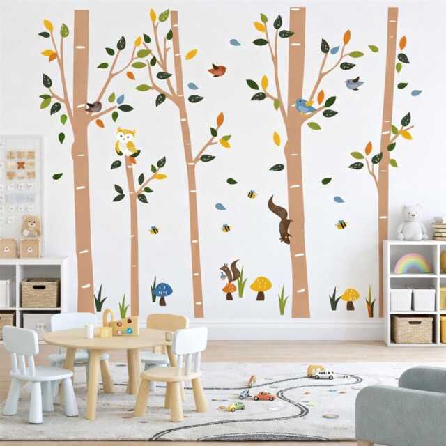 Nursery Wall Decals, Woodland Tree Stickers, Kids Room Forest Decals With Owl, Birds, Squirrel - image 1