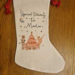 Personalised Christmas Stocking - Linen Santa Custom Family Name Fireplace - thumbnail 4