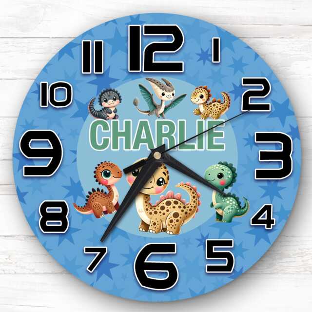 Dinosaurs Blue Personalised Gift For Kid's Bedroom Clock - Kids Clock, Children's Decor, Custom Wall - image 1